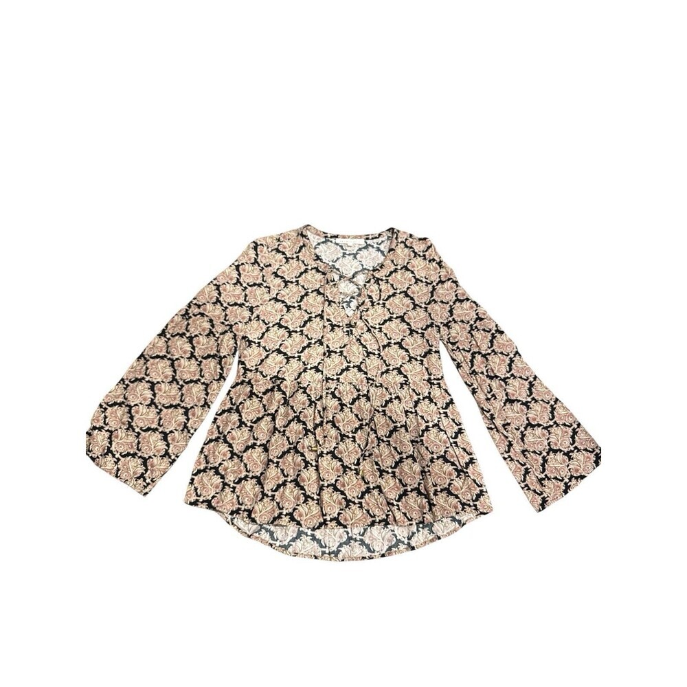 Daniel Rainn Boho Paisley Lace-Up Blouse Black Cream Long Sleeve Size S - Picture 2 of 8